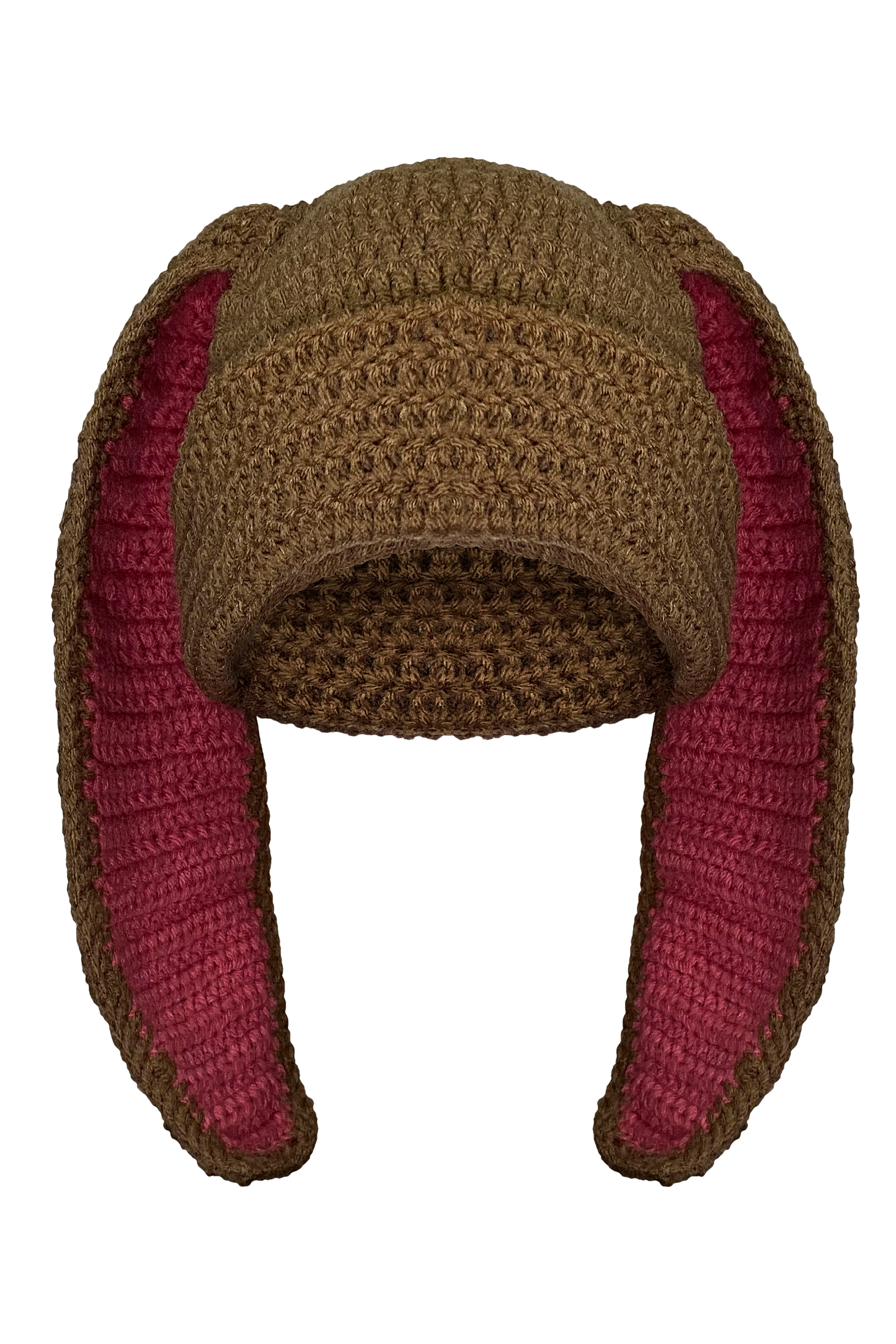 Front view of crochet beanie hat with bunny ears, in soft acrylic yarn