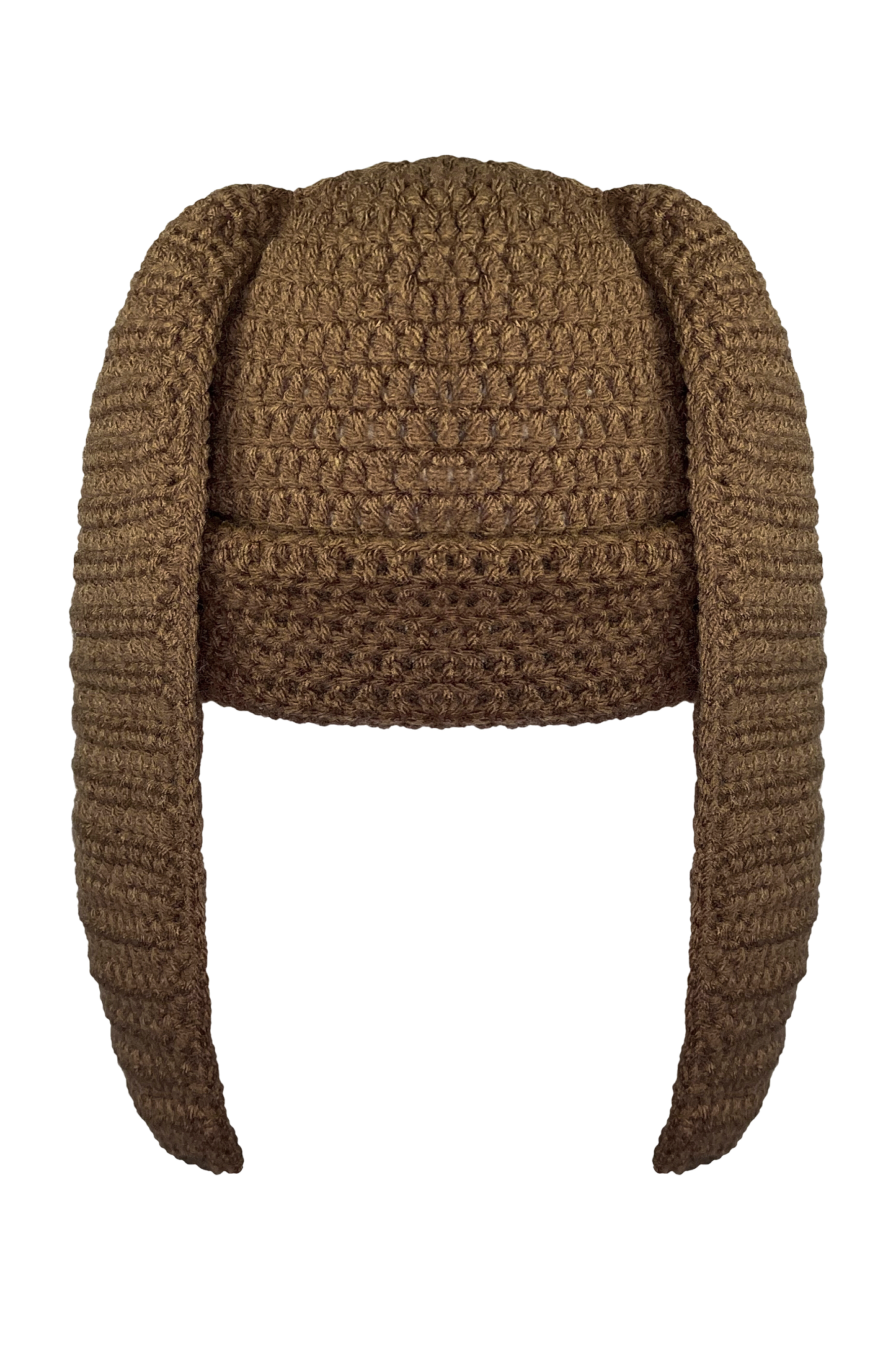 Back view of crochet beanie hat with bunny ears, in soft acrylic yarn