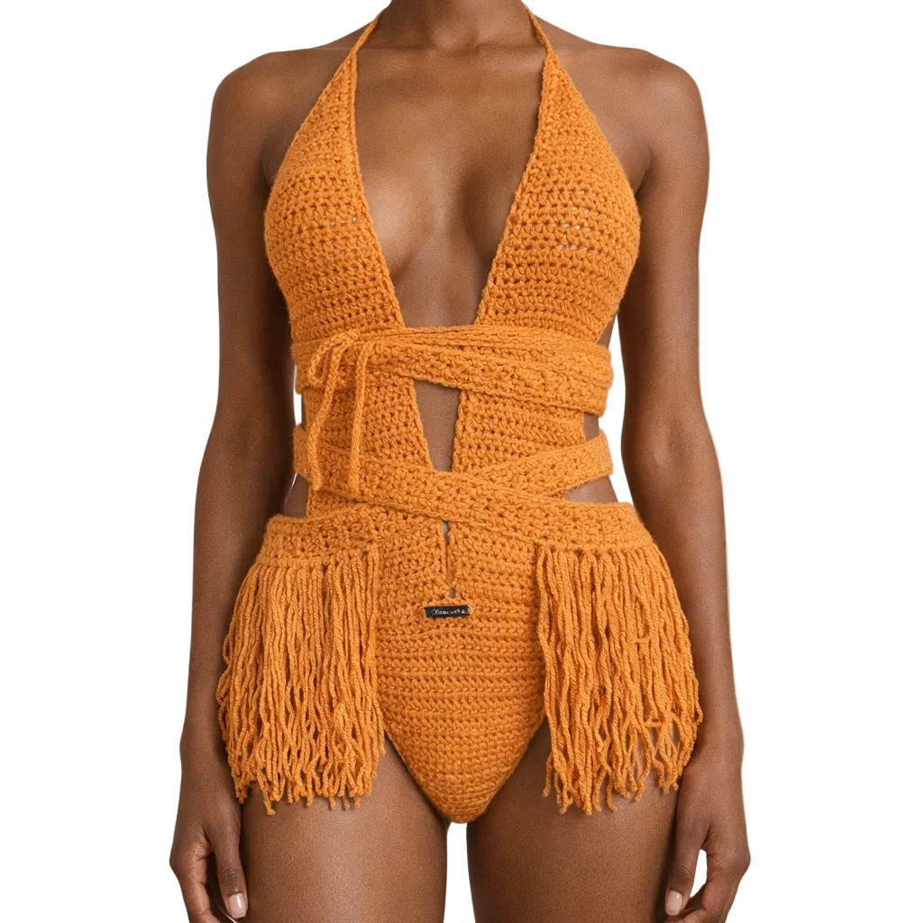 Curry Halle crochet one-piece with wrap waist and Full Fringe Skirt, close front studio view