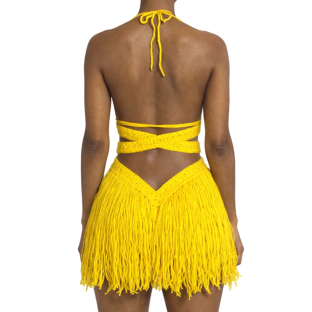 TANIJAY CROCHET READY TO SHIP Hebe Crochet One Piece Thigh Length Fringe Bright Yellow Small – Ready to Ship (48 Hours)