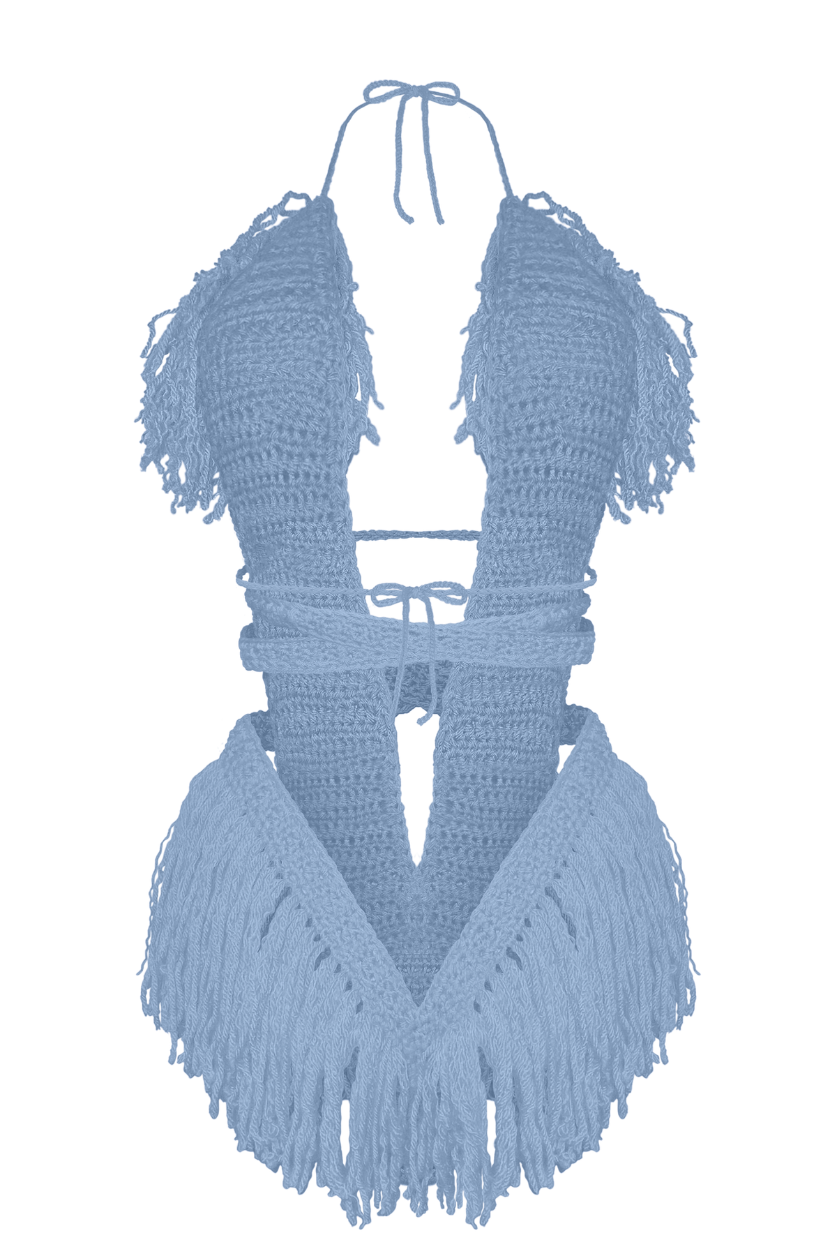 Product-only photo of the Country Blue Hebe crochet one piece by TaniJay Crochet.