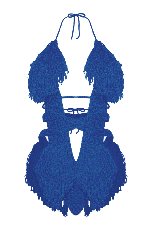 Product-only photo of the Royal Blue Hebe crochet one piece by TaniJay Crochet.