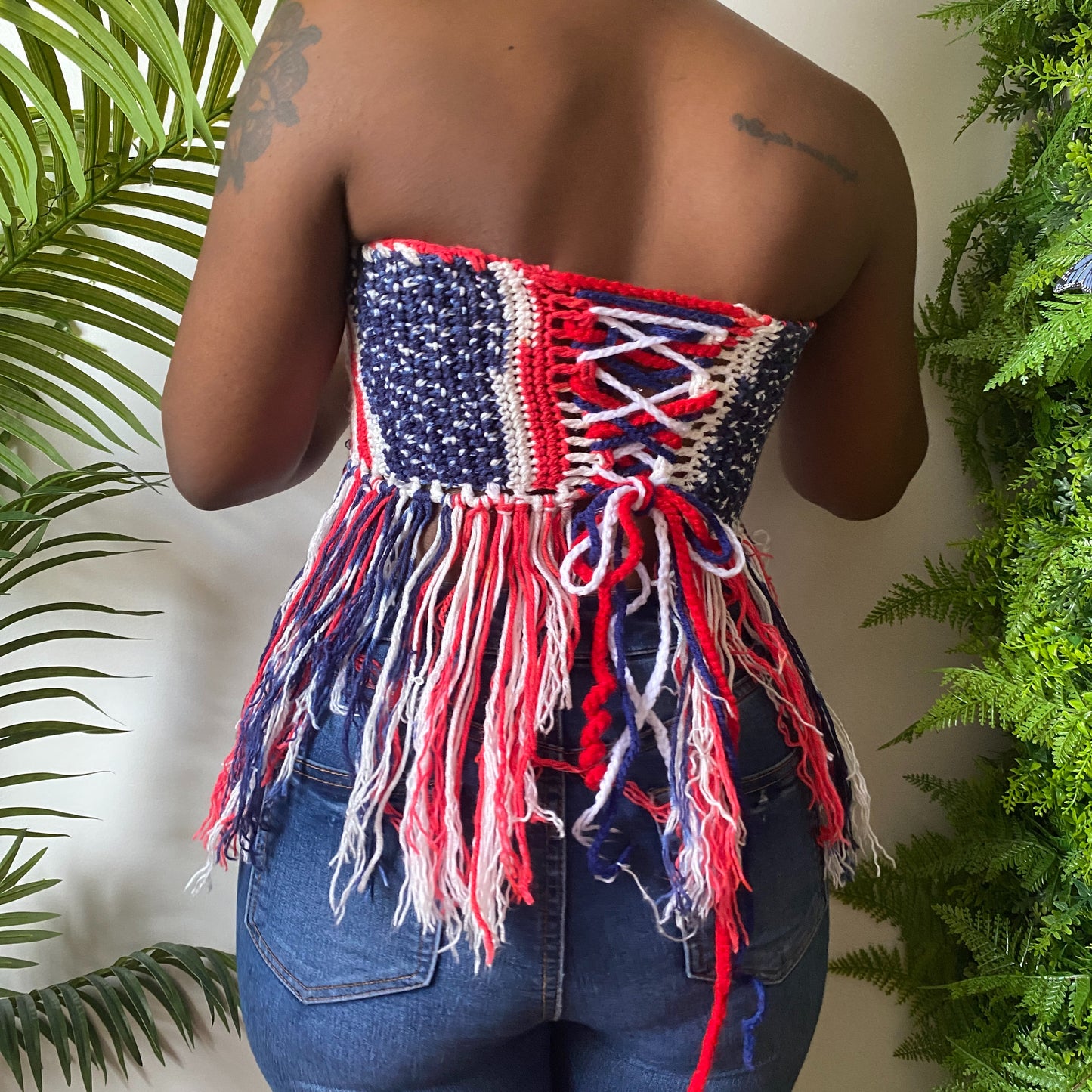 TANIJAY CROCHET Americana Print Crochet Fringe Tube Top
