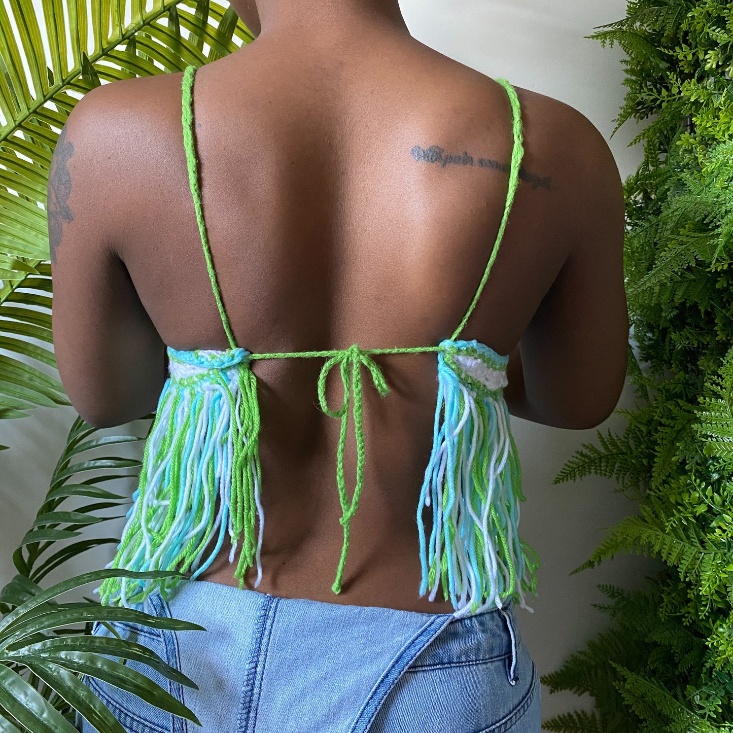 TANIJAY CROCHET G/W/B Crochet Fringe Top