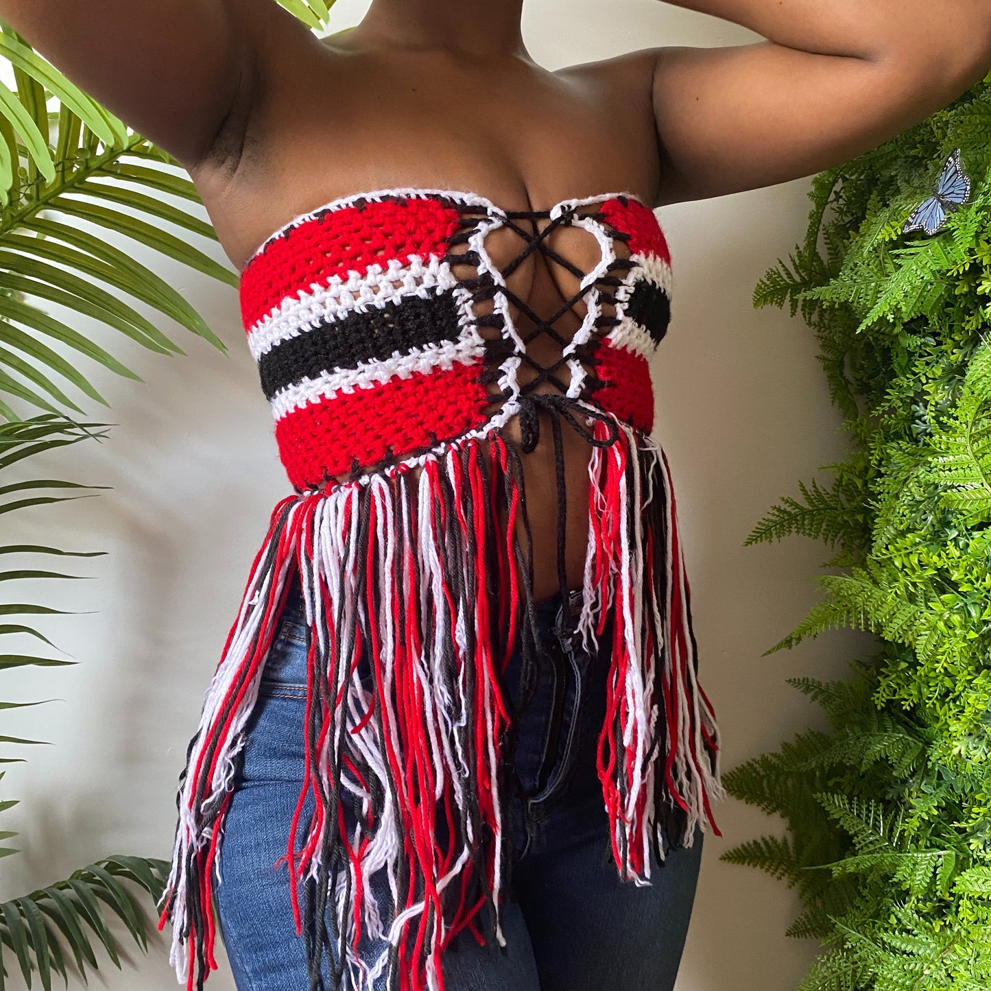 TANIJAY CROCHET Trinidad Print Crochet Fringe Tube Top