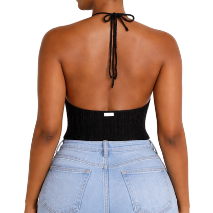 TANIJAY CROCHET READY TO SHIP Black Crochet Lace-Up Halter Top – Ready to Ship (Medium)