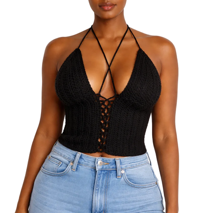 TANIJAY CROCHET READY TO SHIP Black Crochet Lace-Up Halter Top – Ready to Ship (Medium)