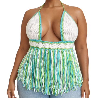 TANIJAY CROCHET READY TO SHIP Cybele Fringe Halter Top – Ready to Ship (Medium) | White, Spring Green & Turqua