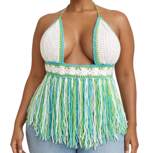 TANIJAY CROCHET READY TO SHIP Cybele Fringe Halter Top – Ready to Ship (Medium) | White, Spring Green & Turqua
