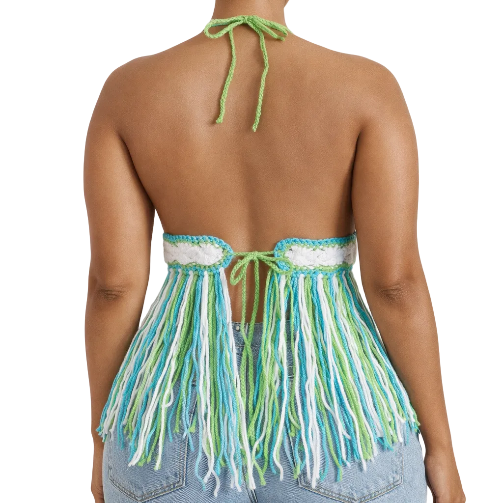 TANIJAY CROCHET READY TO SHIP Cybele Fringe Halter Top – Ready to Ship (Medium) | White, Spring Green & Turqua