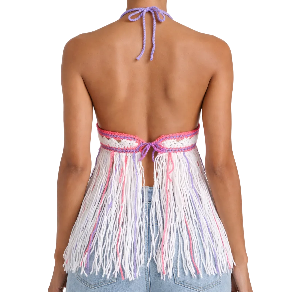TANIJAY CROCHET READY TO SHIP Cybele Fringe Halter Top – Ready to Ship (Small) |White + Lavender + Light Raspberry)