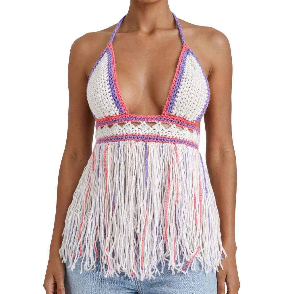 TANIJAY CROCHET READY TO SHIP Cybele Fringe Halter Top – Ready to Ship (Small) |White + Lavender + Light Raspberry)