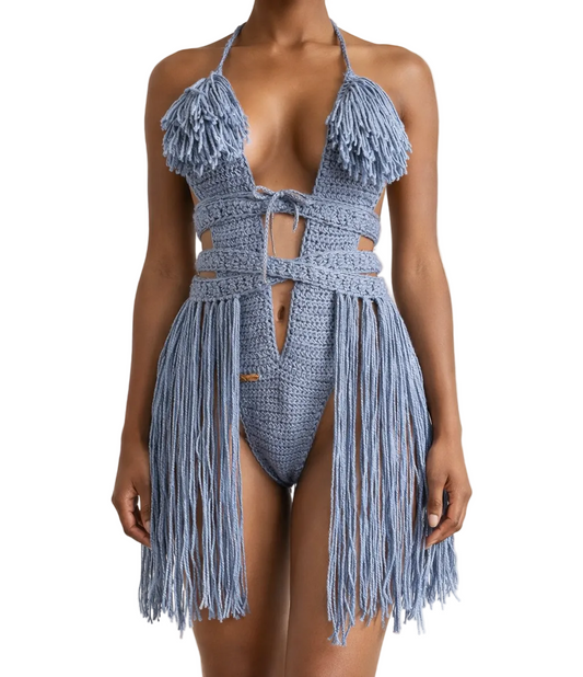 Country Blue Hanet crochet one-piece in size XSmall with straight knee-length Full Skirt fringe, studio view