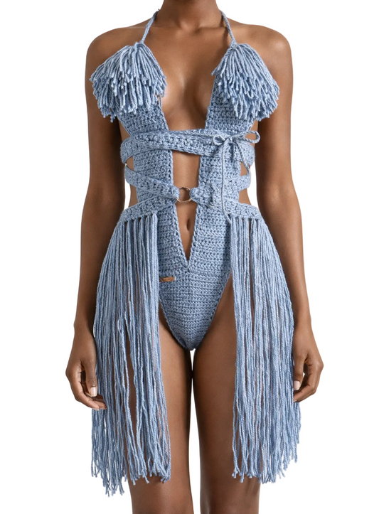 Country Blue Hanet crochet one-piece in size XSmall with straight knee-length Full Skirt fringe, studio view