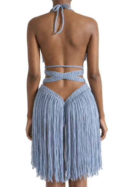 Country Blue Hanet crochet one-piece in size XSmall with straight knee-length Full Skirt fringe, studio view