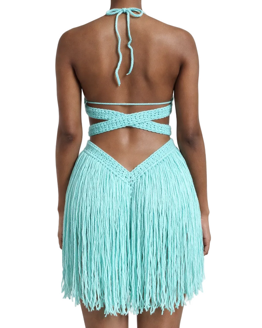Mint Hebe crochet one-piece in size XSmall with extended fringe, back studio view