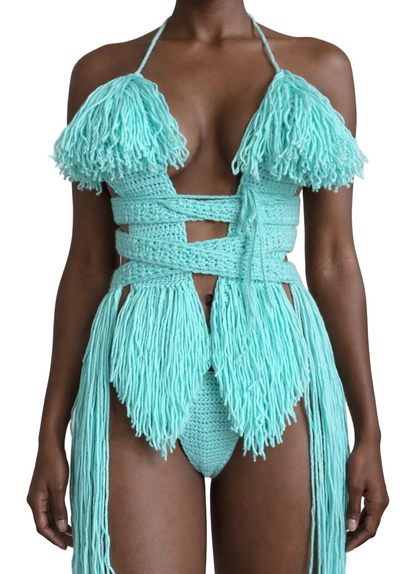 Mint Hebe crochet one-piece in size XSmall with extended fringe, front studio view