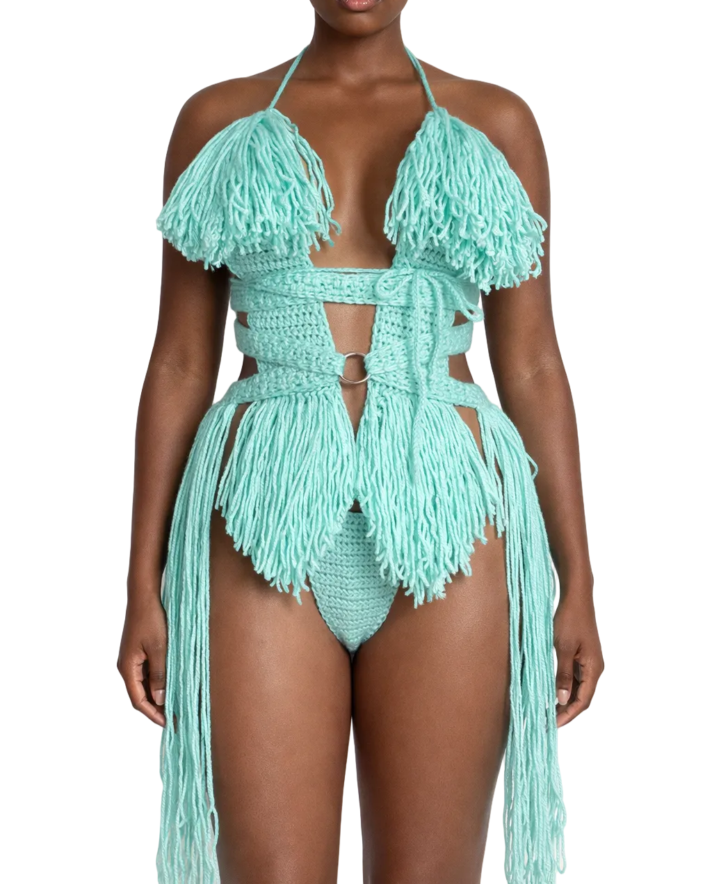 Mint Hebe crochet one-piece in size XSmall with extended fringe, front studio view