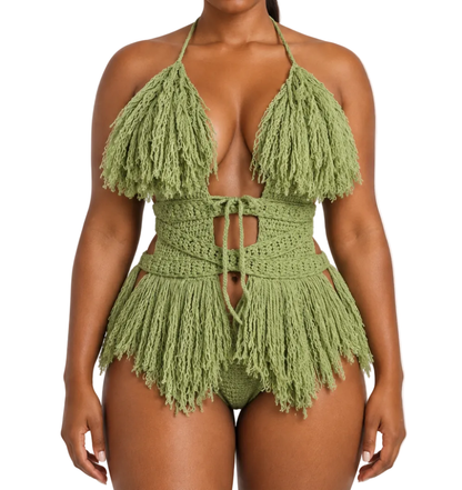 TANIJAY CROCHET READY TO SHIP Hebe Crochet One Piece Tea Leaf Medium High Cut Thong – Ready to Ship (48 Hours)