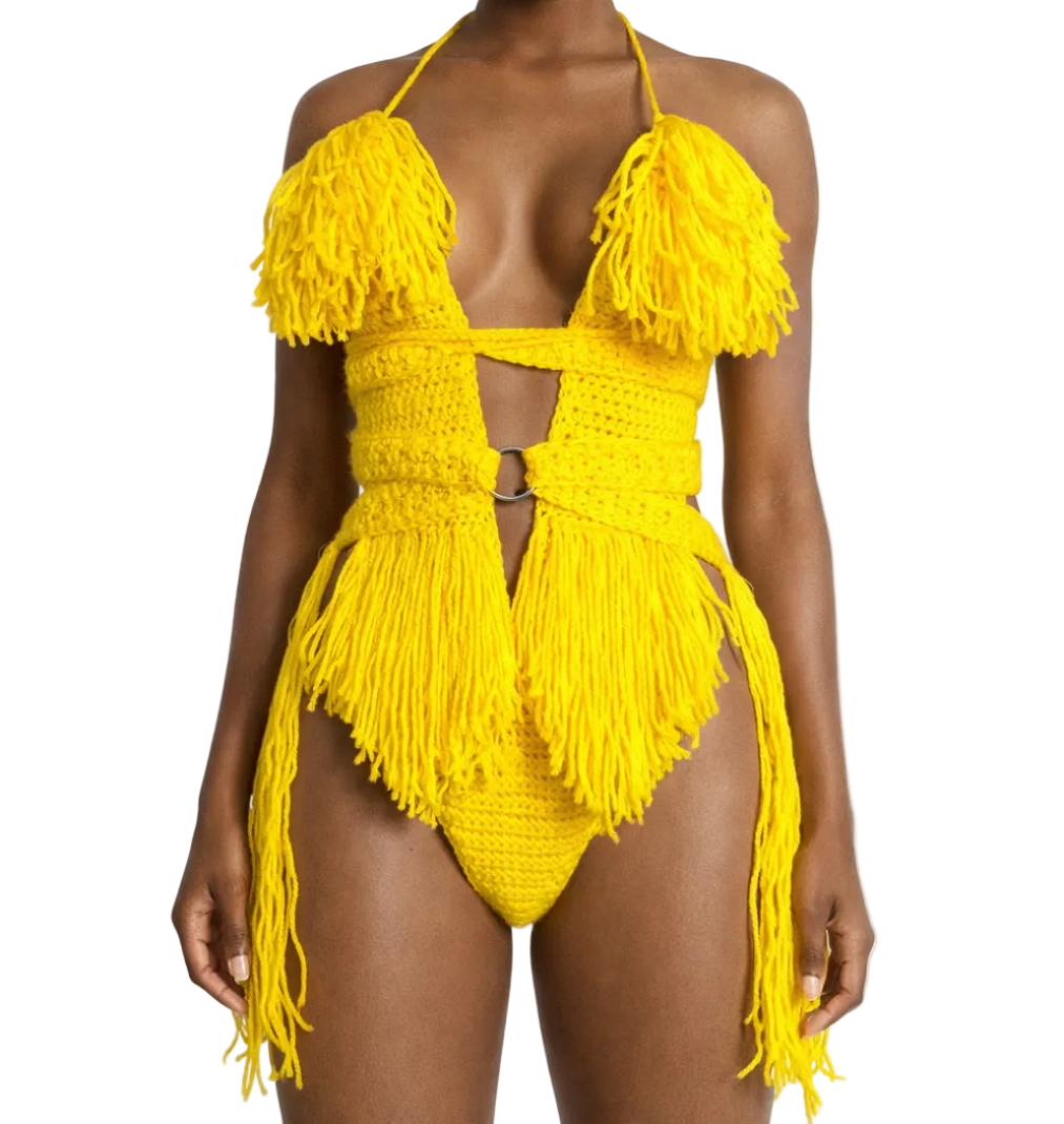 TANIJAY CROCHET READY TO SHIP Hebe Crochet One Piece Thigh Length Fringe Bright Yellow Small – Ready to Ship (48 Hours)