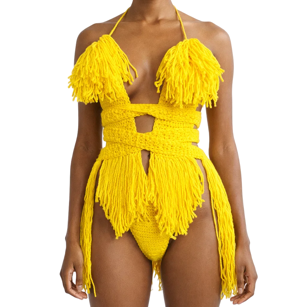 TANIJAY CROCHET READY TO SHIP Hebe Crochet One Piece Thigh Length Fringe Bright Yellow Small – Ready to Ship (48 Hours)