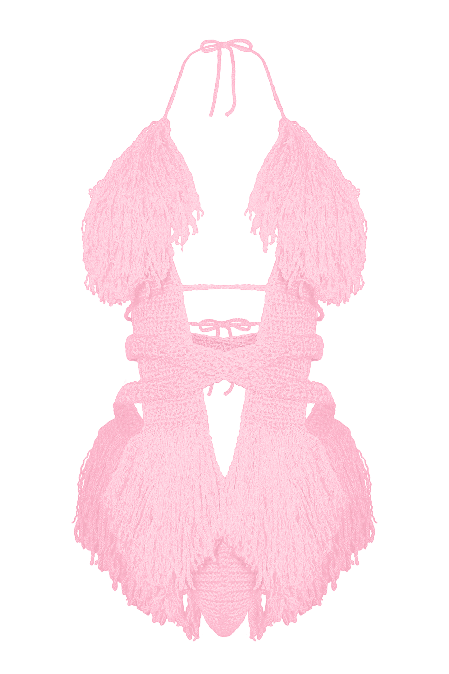 Model wearing the Baby Pink Hebe crochet one piece, size S, by TaniJay Crochet.