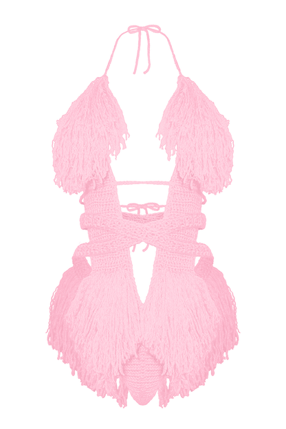 Model wearing the Baby Pink Hebe crochet one piece, size S, by TaniJay Crochet.