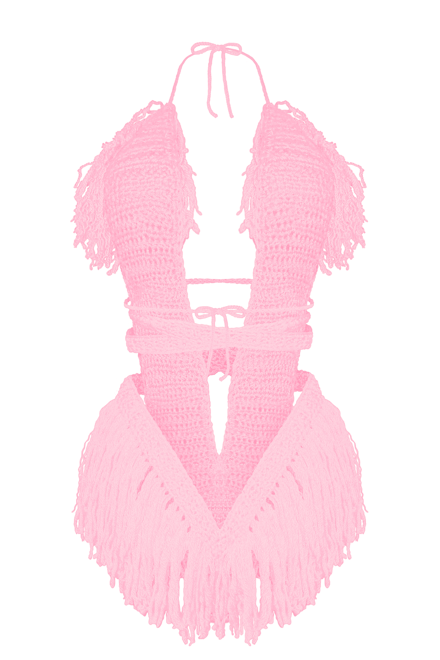 Product-only photo of the Baby Pink Hebe crochet one piece by TaniJay Crochet.