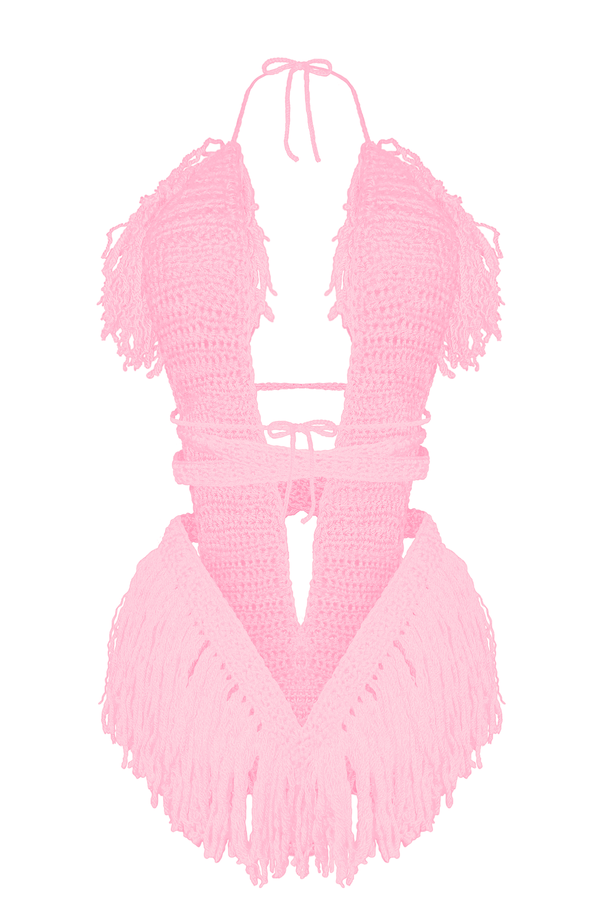Product-only photo of the Baby Pink Hebe crochet one piece by TaniJay Crochet.