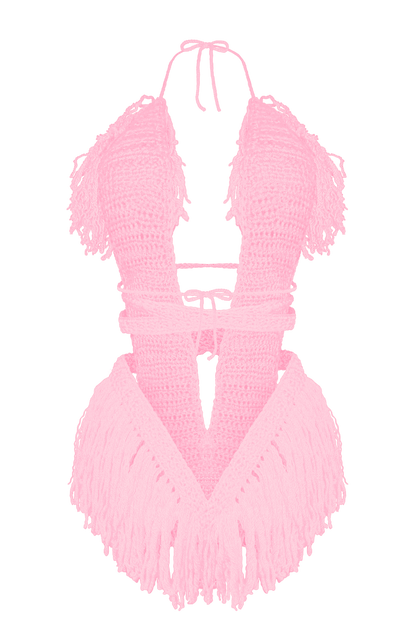 Product-only photo of the Baby Pink Hebe crochet one piece by TaniJay Crochet.