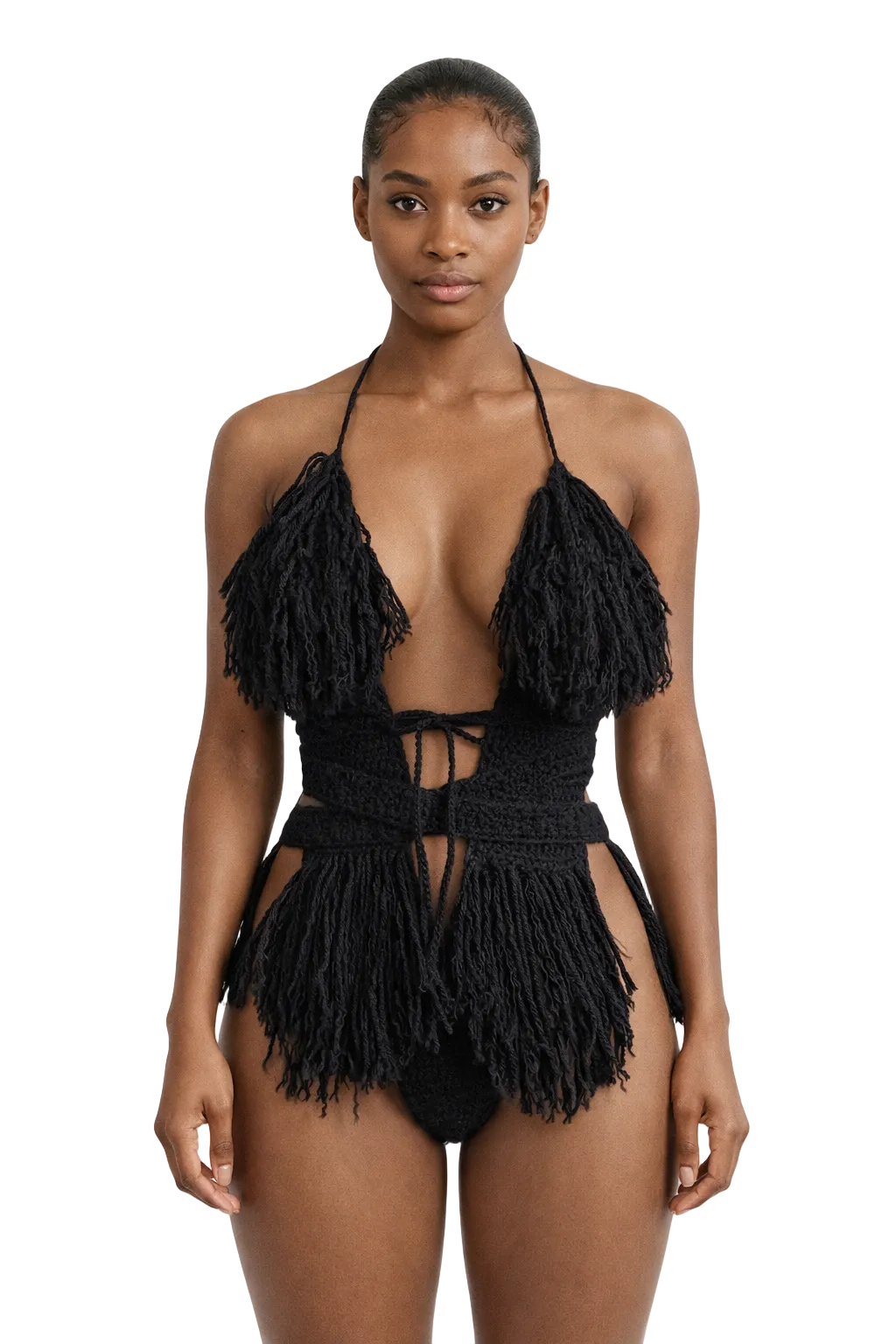 Model wearing the Black Hebe crochet one piece, size S, by TaniJay Crochet.
