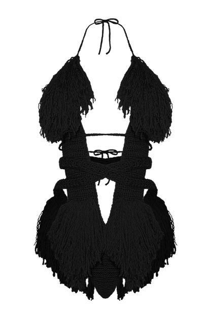 Product-only photo of the Black Hebe crochet one piece by TaniJay Crochet.