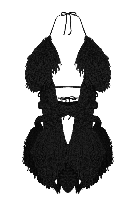 Product-only photo of the Black Hebe crochet one piece by TaniJay Crochet.