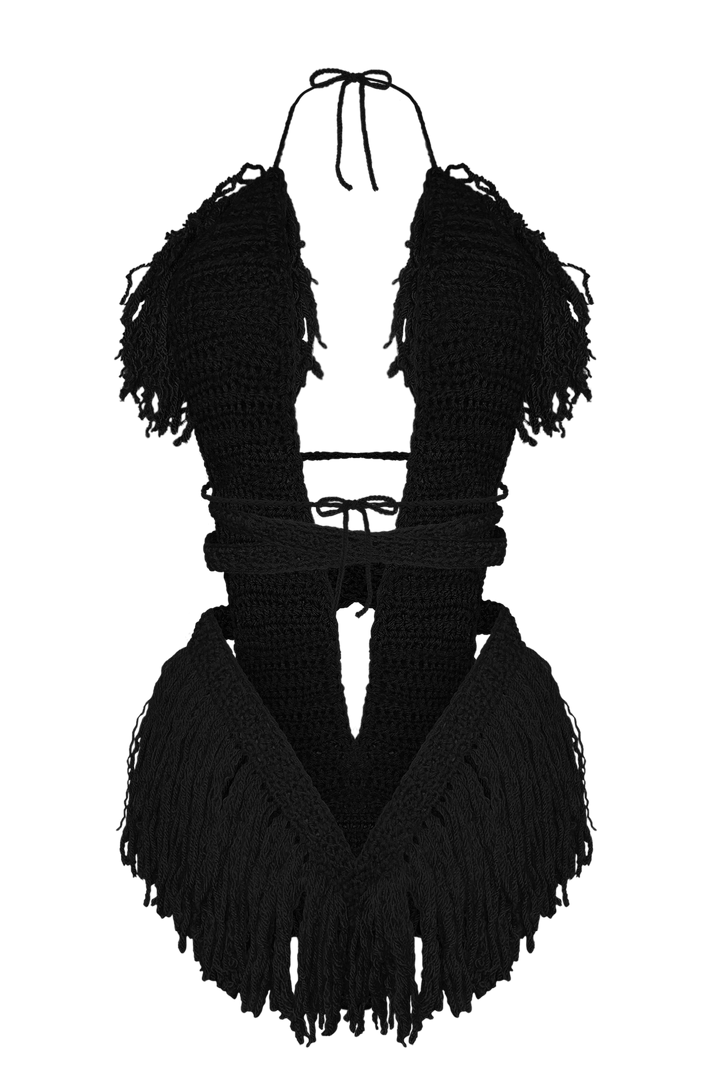 Product-only photo of the Black Hebe crochet one piece by TaniJay Crochet.