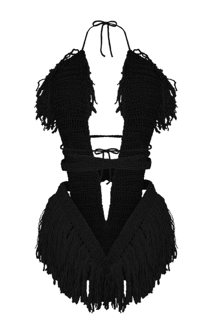 Product-only photo of the Black Hebe crochet one piece by TaniJay Crochet.