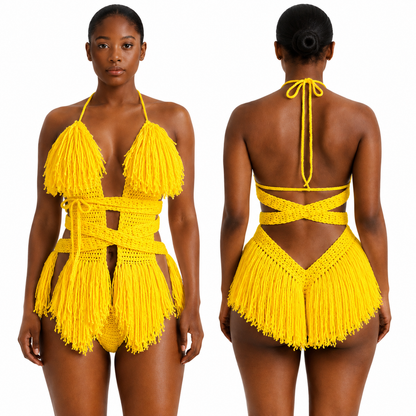 Color swatch photo of the Bright Yellow Hebe crochet one piece by TaniJay Crochet.