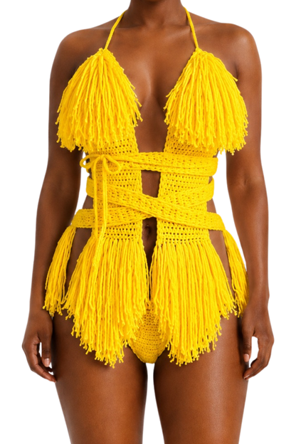 Color swatch photo of the Bright Yellow Hebe crochet one piece by TaniJay Crochet.
