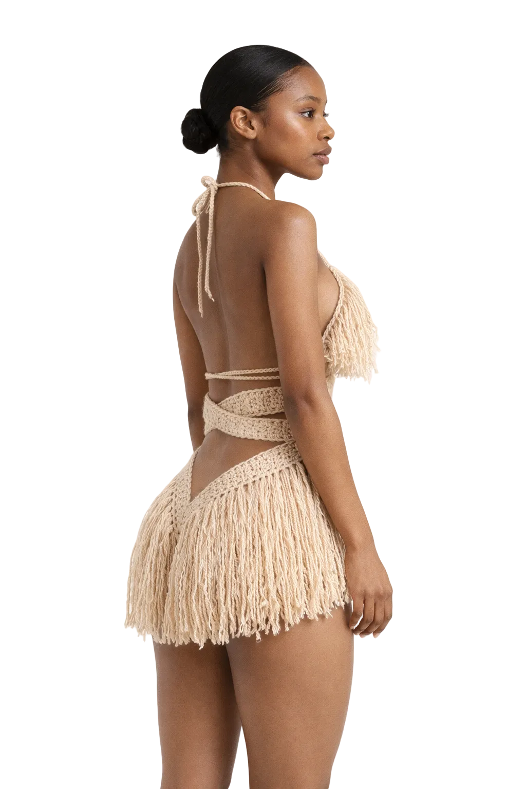 Model wearing the Buff Hebe crochet one piece, size M, by TaniJay Crochet.