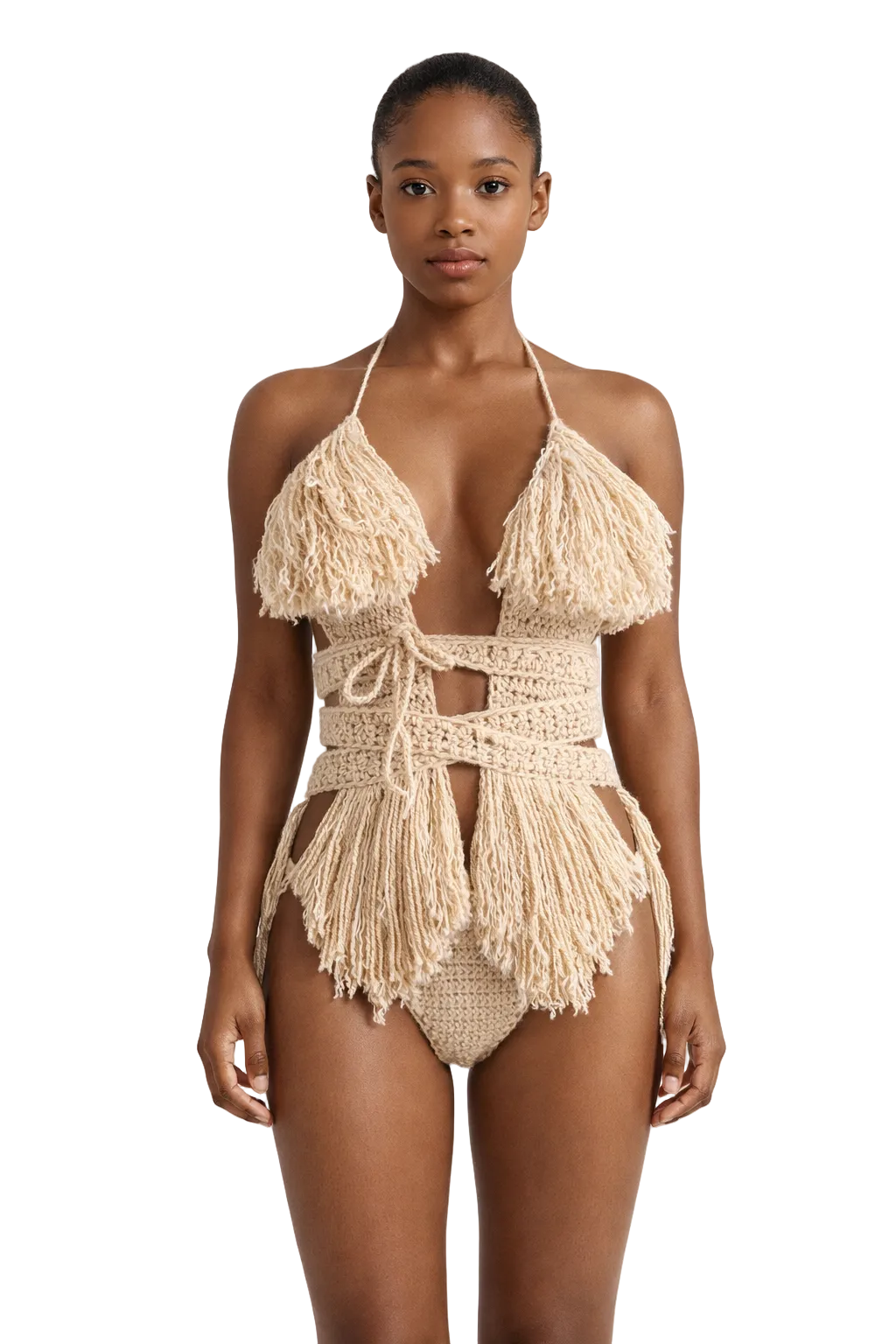 Model wearing the Buff Hebe crochet one piece, size M, by TaniJay Crochet.