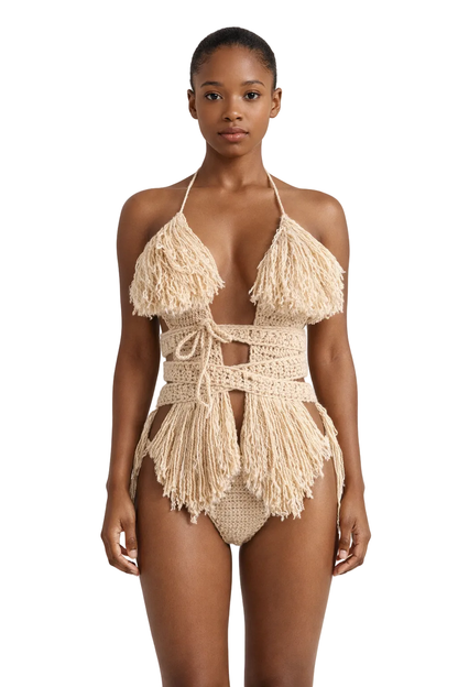 Model wearing the Buff Hebe crochet one piece, size M, by TaniJay Crochet.