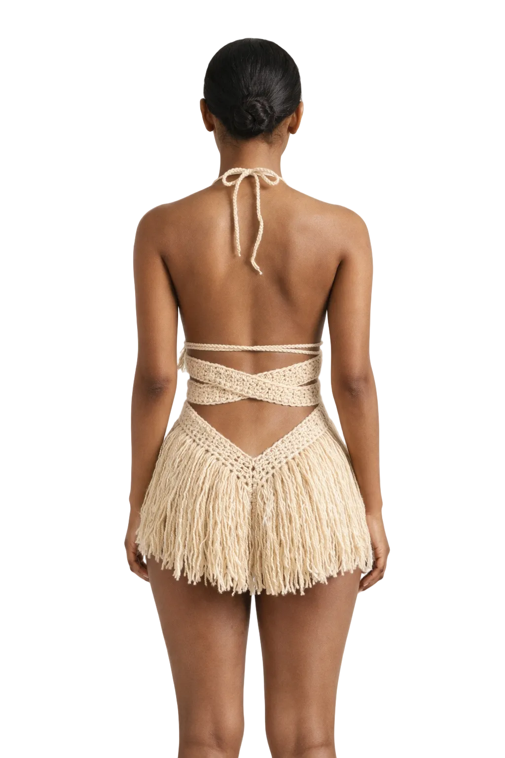Model wearing the Buff Hebe crochet one piece, size M, by TaniJay Crochet.