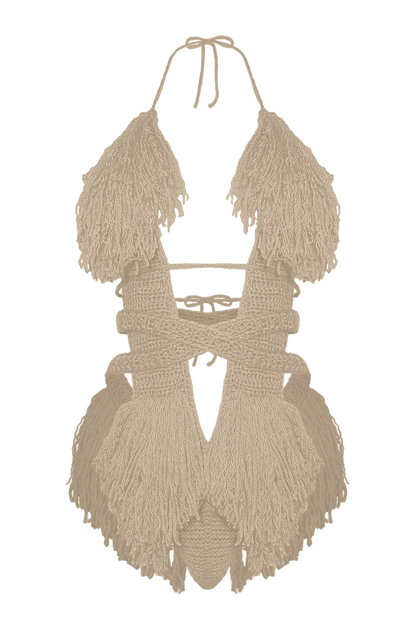 Product-only photo of the Buff Hebe crochet one piece by TaniJay Crochet.