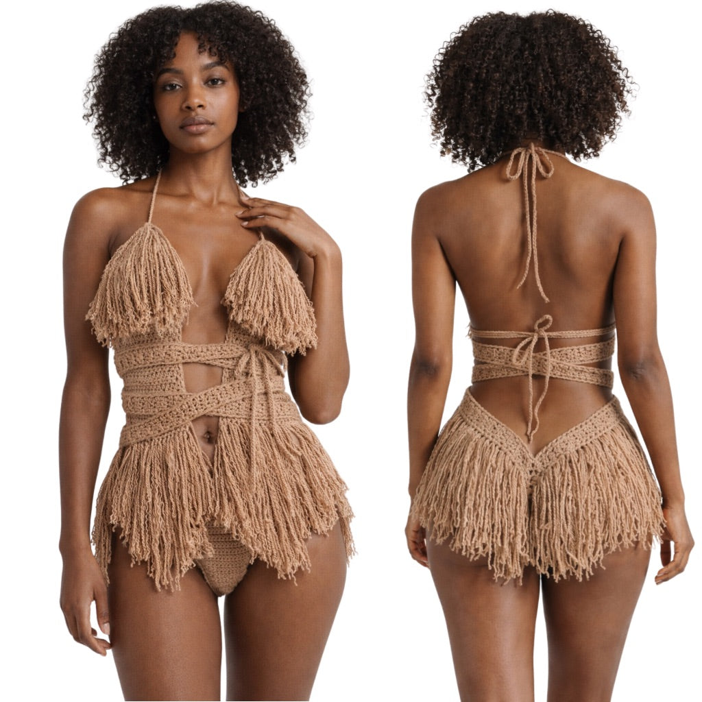 Color swatch photo of the Café Latte Hebe crochet one piece by TaniJay Crochet.