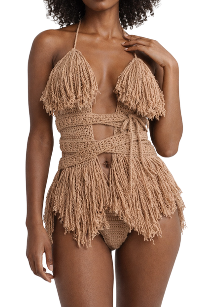 Color swatch photo of the Cafe Latte Hebe crochet one piece by TaniJay Crochet.