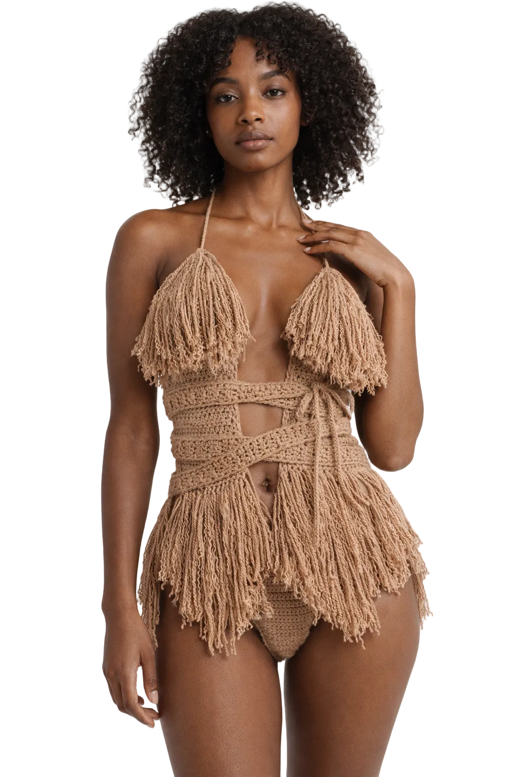 Model wearing the Cafe Latte Hebe crochet one piece, size M, by TaniJay Crochet.
