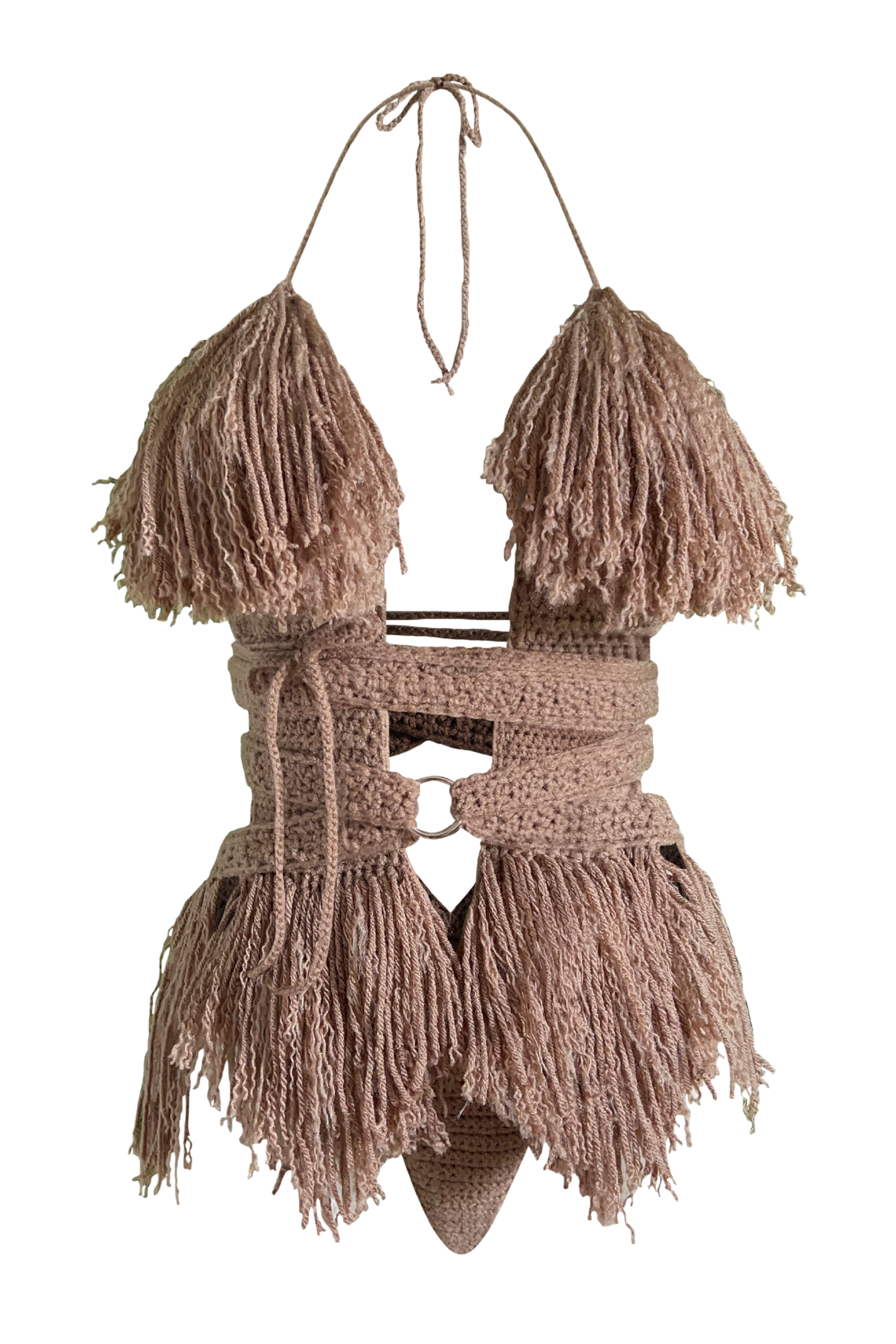 Model wearing the Cafe Latte Hebe crochet one piece, size M, by TaniJay Crochet.