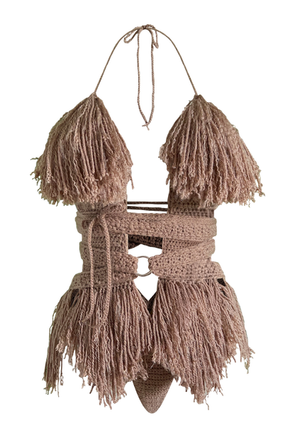 Model wearing the Cafe Latte Hebe crochet one piece, size M, by TaniJay Crochet.