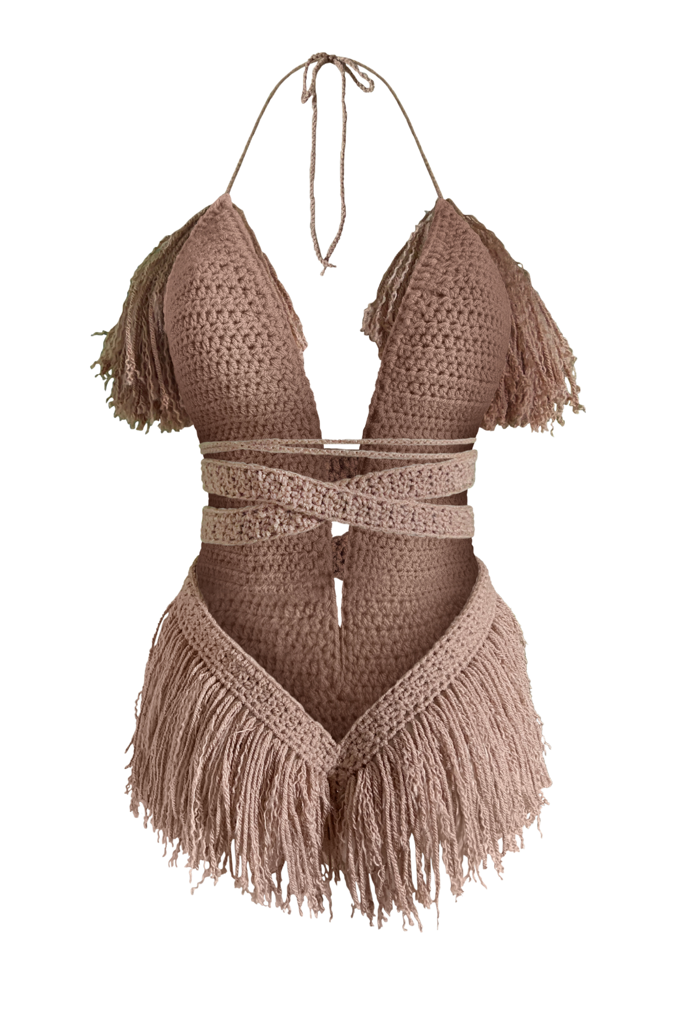 Model wearing the Cafe Latte Hebe crochet one piece, size M, by TaniJay Crochet.