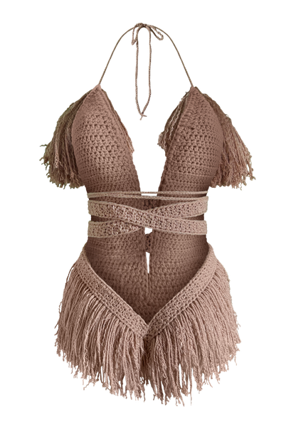 Model wearing the Cafe Latte Hebe crochet one piece, size M, by TaniJay Crochet.