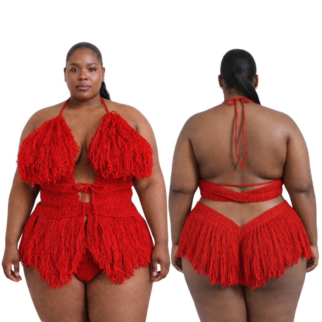 Color swatch photo of the Cherry Red Hebe crochet one piece by TaniJay Crochet.